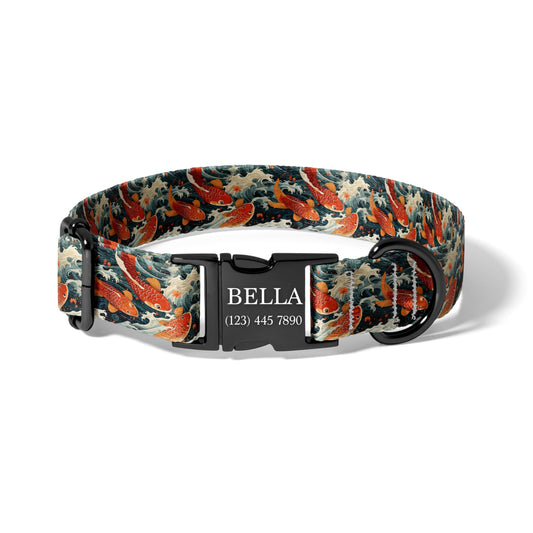 Japanese Koi Personalized Dog Collar with Engraved Buckle, Ocean Wave Adjustable Pet Collar RET-617-01