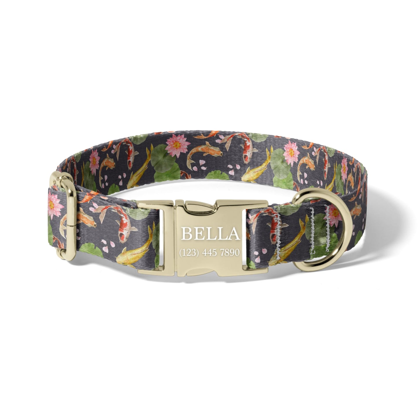 Lotus Pond Personalized Koi Dog Collar with Floral Watercolor Design and Quick Release Buckle RET-617-02