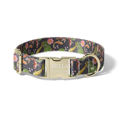 Lotus Pond Personalized Koi Dog Collar with Floral Watercolor Design and Quick Release Buckle RET-617-02