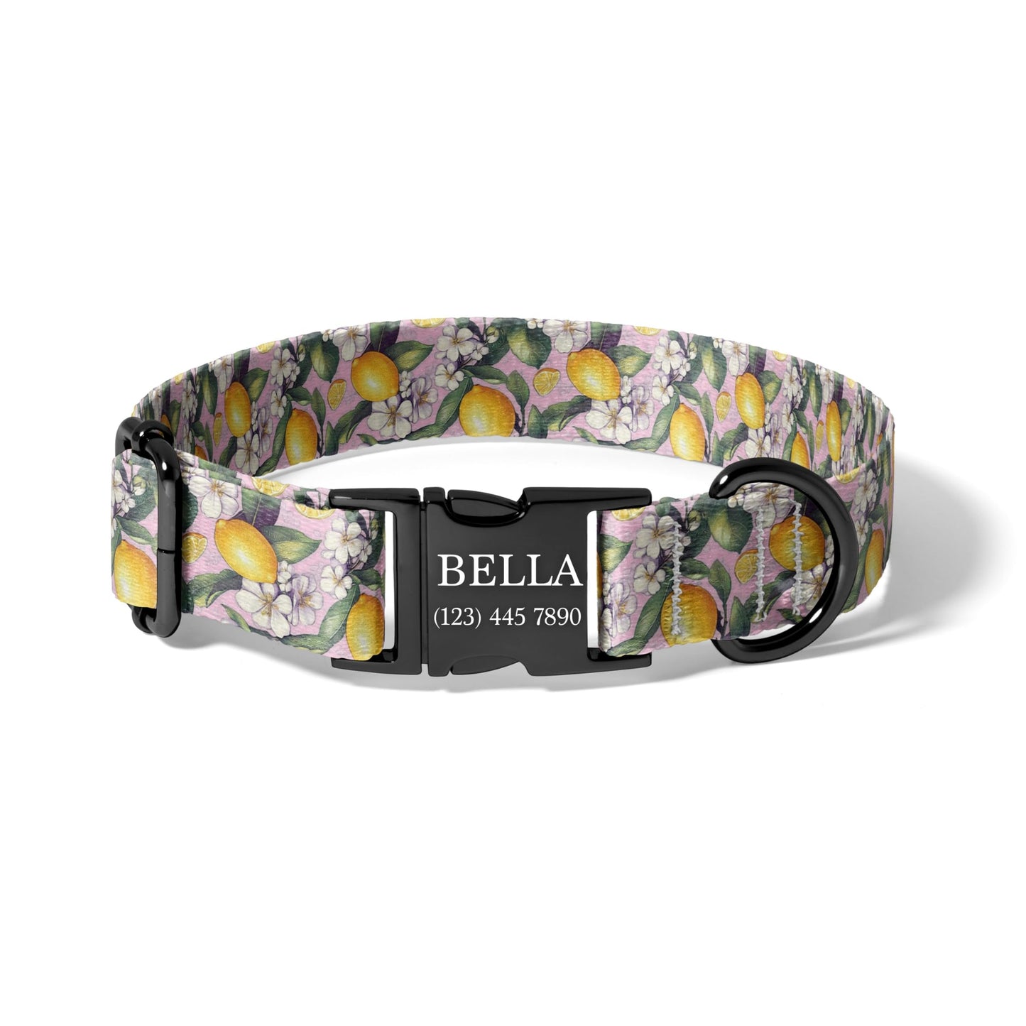 Pink Lemon Blossom Personalized Dog Collar with Engraved Buckle, Adjustable Floral Citrus Collar for Dogs RET-618-01