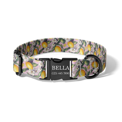 Pink Lemon Blossom Personalized Dog Collar with Engraved Buckle, Adjustable Floral Citrus Collar for Dogs RET-618-01