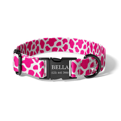 Personalized Pink Cow Print Dog Collar with Engraved Buckle, Adjustable Quick Release Collar for Girl Dogs and Puppies RET-615-01