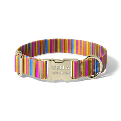 Personalized Dog Collar with Name, Bright Serape Stripe Adjustable Pet Collar, Custom Engraved Buckle, Quick Release RET-610-01