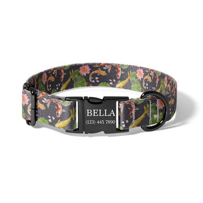 Lotus Pond Personalized Koi Dog Collar with Floral Watercolor Design and Quick Release Buckle RET-617-02