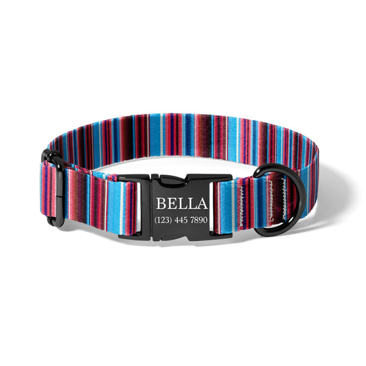 Custom Dog Collar with Name, Teal Pink Serape Adjustable Pet Collar, Engraved Buckle, Quick Release Closure RET-610-02