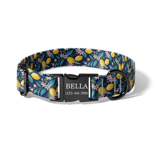 Navy Floral Lemon Personalized Dog Collar with Engraved Buckle, Adjustable Botanical Citrus Collar RET-618-05