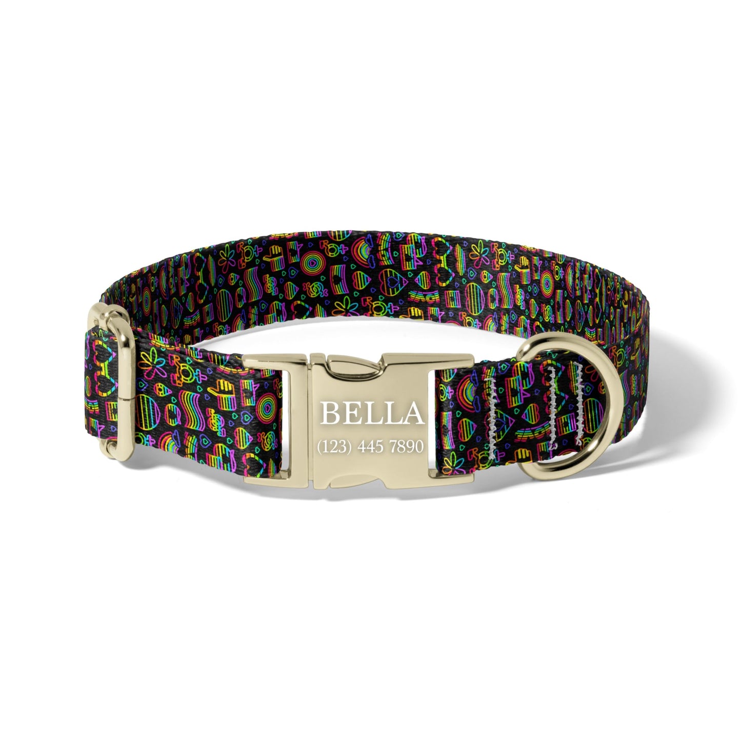 Black Rainbow Dog Collar Personalized Engraved Name Neon Pride Adjustable Pet Collar Icon Design RET-605-05