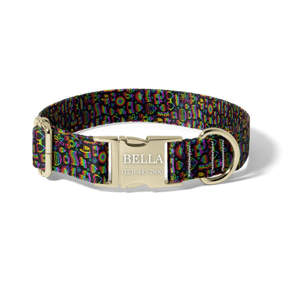 Black Rainbow Dog Collar Personalized Engraved Name Neon Pride Adjustable Pet Collar Icon Design RET-605-05