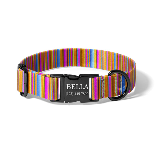 Personalized Dog Collar with Name, Bright Serape Stripe Adjustable Pet Collar, Custom Engraved Buckle, Quick Release RET-610-01