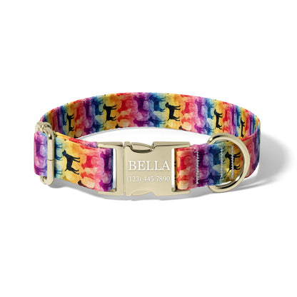 Rainbow Dog Collar Personalized Engraved Name Artistic Pet Collar Colorful Dog Silhouette Design RET-605-02