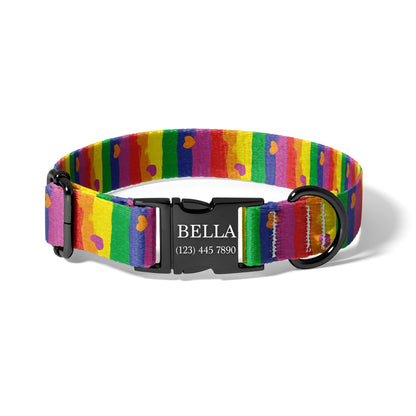 Rainbow Pride Dog Collar Personalized Engraved Name Adjustable Pet Collar LGBTQ Heart Design RET-605-01