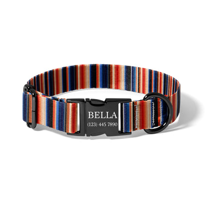 Personalized Western Dog Collar, Rust Navy Serape Stripe Adjustable Pet Collar, Custom Engraved Quick Release Buckle RET-610-03