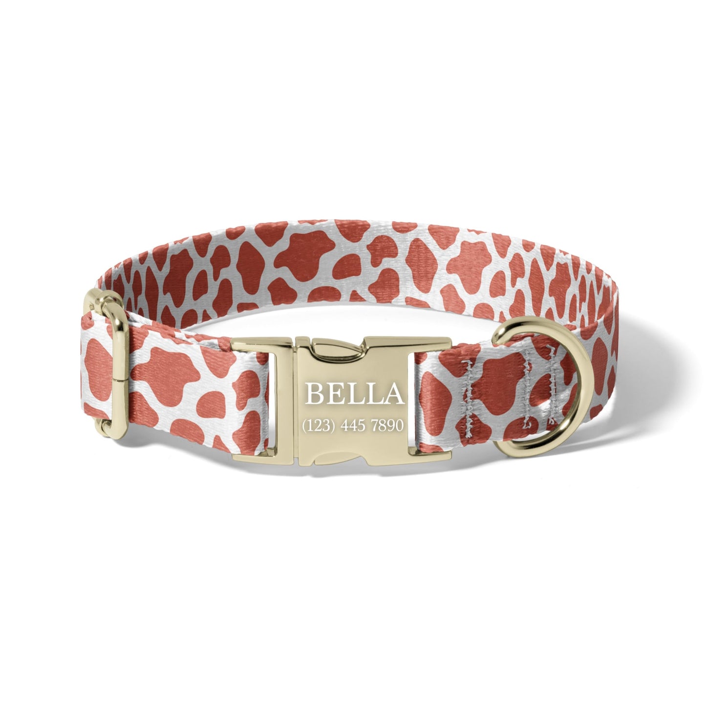 Terracotta Cow Print Personalized Dog Collar, Adjustable Boho Pet Collar with Engraved Name Buckle and Quick Release RET-615-03
