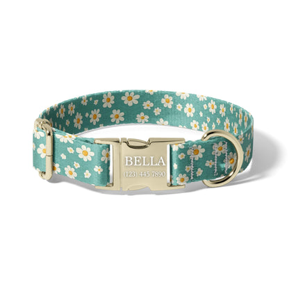 Green Daisy Dog Collar Personalized Engraved Name Floral Adjustable Pet Collar Nature Style Name Snow Forest Adjustable Pet Collar RET-604-04