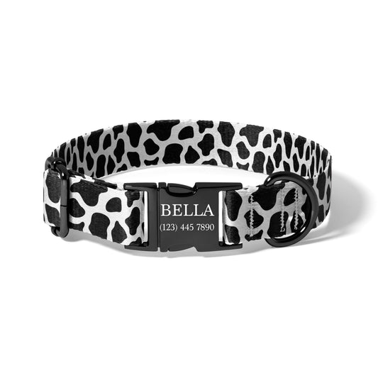 Black and White Personalized Dog Collar with Engraved Buckle, Adjustable Everyday Cow Print Collar for Dogs RET-615-06