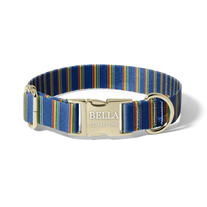 Blue Rainbow Dog Collar Personalized Engraved Name Minimal Pride Adjustable Pet Collar Stripe Design RET-605-04