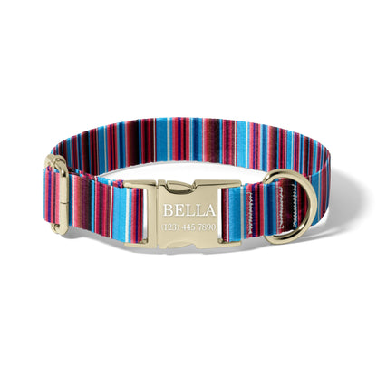 Custom Dog Collar with Name, Teal Pink Serape Adjustable Pet Collar, Engraved Buckle, Quick Release Closure RET-610-02