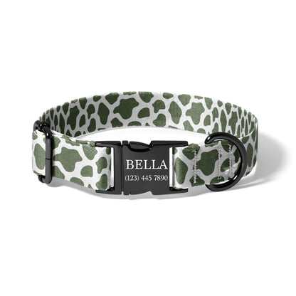 Sage Green Personalized Dog Collar with Cow Print Pattern, Durable Adjustable Collar with Engraved Quick Release Buckle RET-615-04