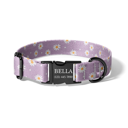 Purple Daisy Dog Collar Personalized Engraved Name Floral Adjustable Pet Collar Lavender Cute Design Green Adjustable Pet Collar for Dogs RET-604-06