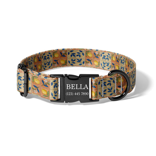 Mediterranean Lemon Tile Personalized Dog Collar, Adjustable Engraved Citrus Collar for Stylish Pets RET-618-04