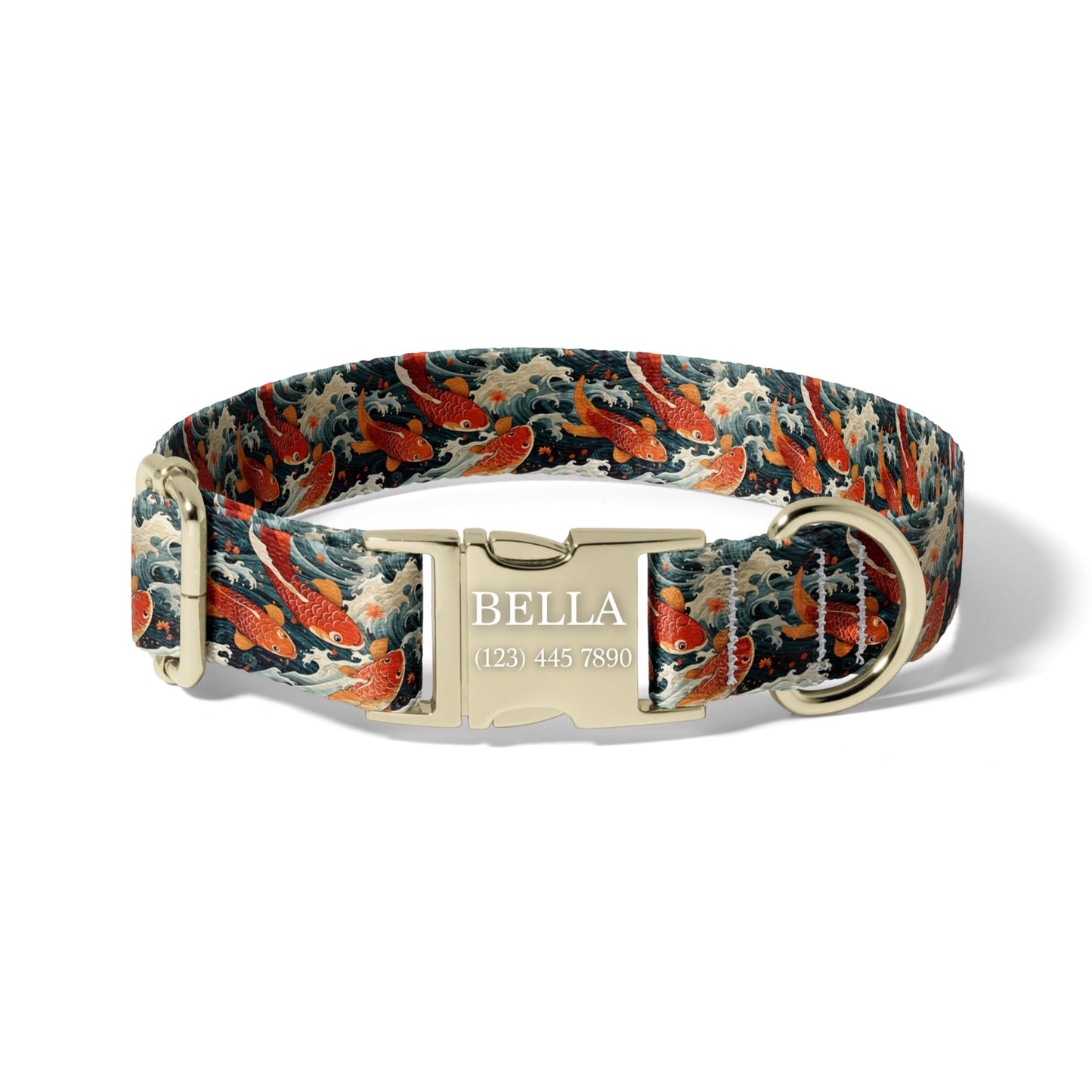 Japanese Koi Personalized Dog Collar with Engraved Buckle, Ocean Wave Adjustable Pet Collar RET-617-01
