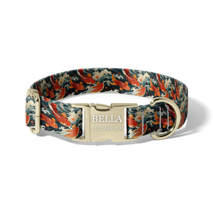Japanese Koi Personalized Dog Collar with Engraved Buckle, Ocean Wave Adjustable Pet Collar RET-617-01