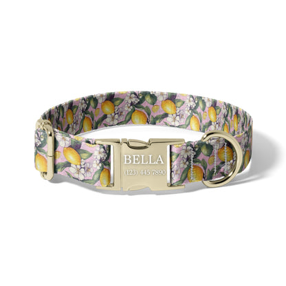 Pink Lemon Blossom Personalized Dog Collar with Engraved Buckle, Adjustable Floral Citrus Collar for Dogs RET-618-01
