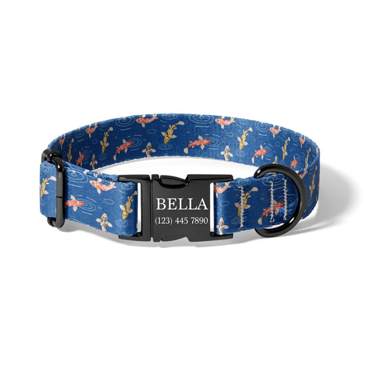 Blue Ripple Koi Personalized Dog Collar, Durable Nautical Adjustable Pet Collar RET-617-03