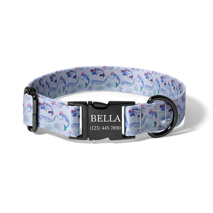 Watercolor Mermaid Seahorse Personalized Dog Collar with Adjustable Engraved Buckle RET-620-05