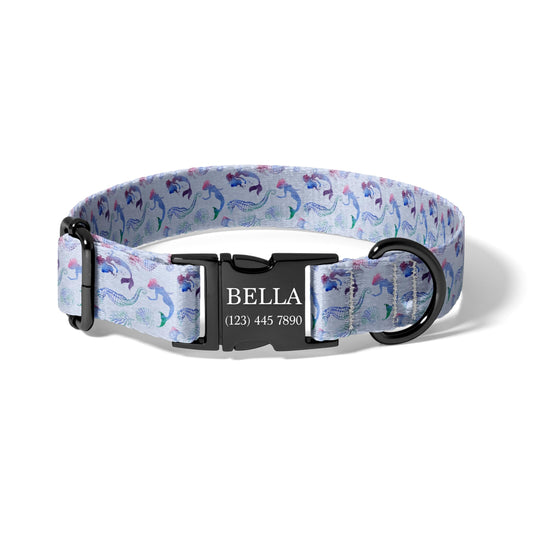 Watercolor Mermaid Seahorse Personalized Dog Collar with Adjustable Engraved Buckle RET-620-05