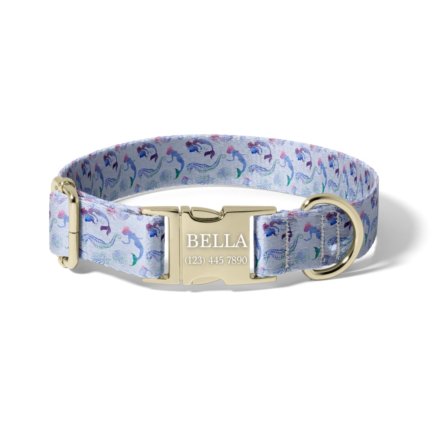 Watercolor Mermaid Seahorse Personalized Dog Collar with Adjustable Engraved Buckle RET-620-05