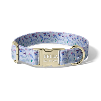 Watercolor Mermaid Seahorse Personalized Dog Collar with Adjustable Engraved Buckle RET-620-05