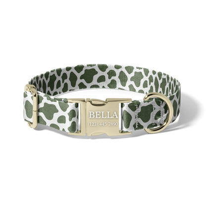Sage Green Personalized Dog Collar with Cow Print Pattern, Durable Adjustable Collar with Engraved Quick Release Buckle RET-615-04