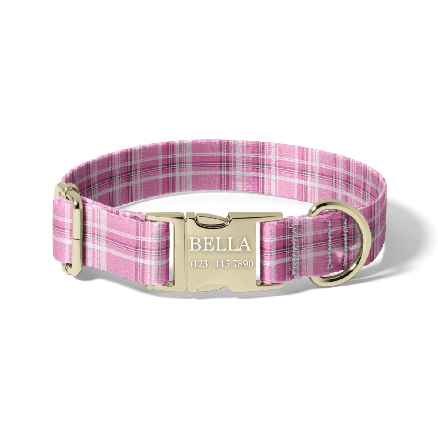 Personalized Plaid Dog Collar Custom Name Adjustable Quick Release Durable Pet Collar soft pink plaid RET-609-01
