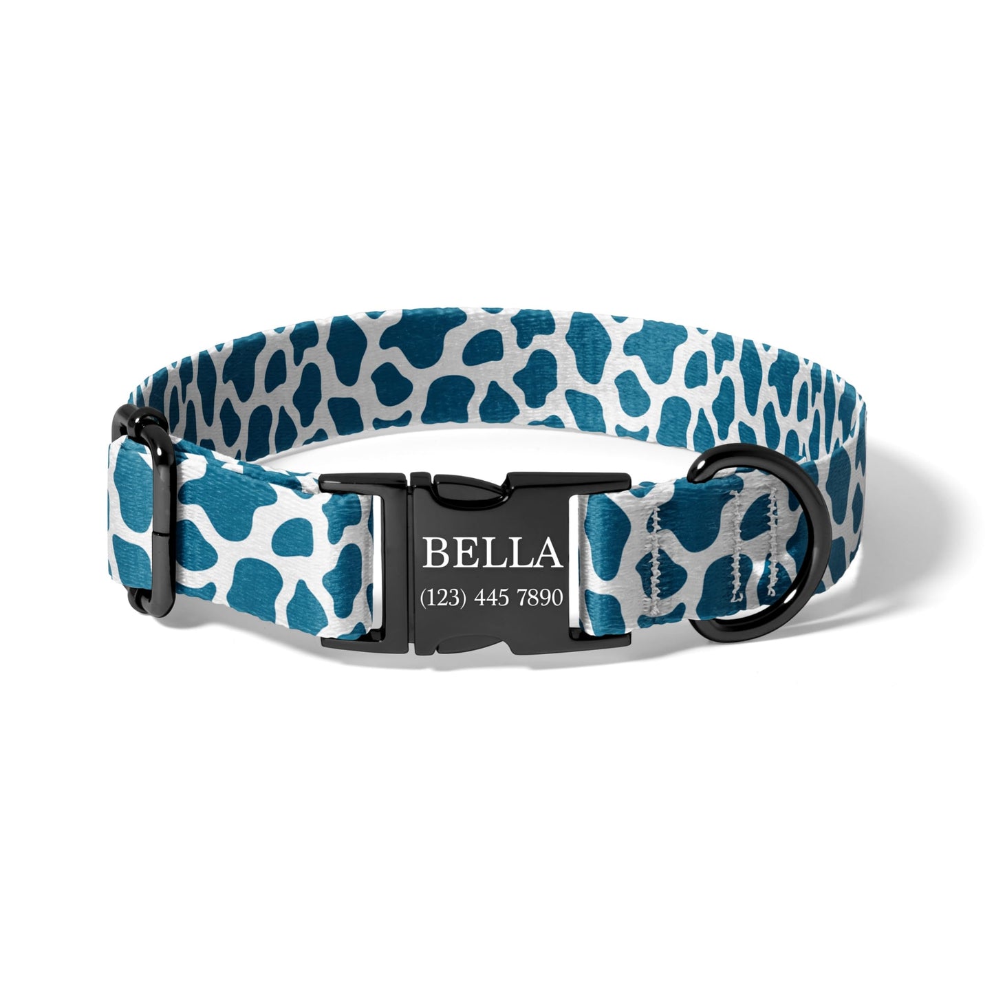 Blue Cow Print Custom Dog Collar with Name Engraving, Adjustable Quick Release Collar for Travel and Everyday Walks RET-615-05