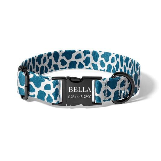 Blue Cow Print Custom Dog Collar with Name Engraving, Adjustable Quick Release Collar for Travel and Everyday Walks RET-615-05