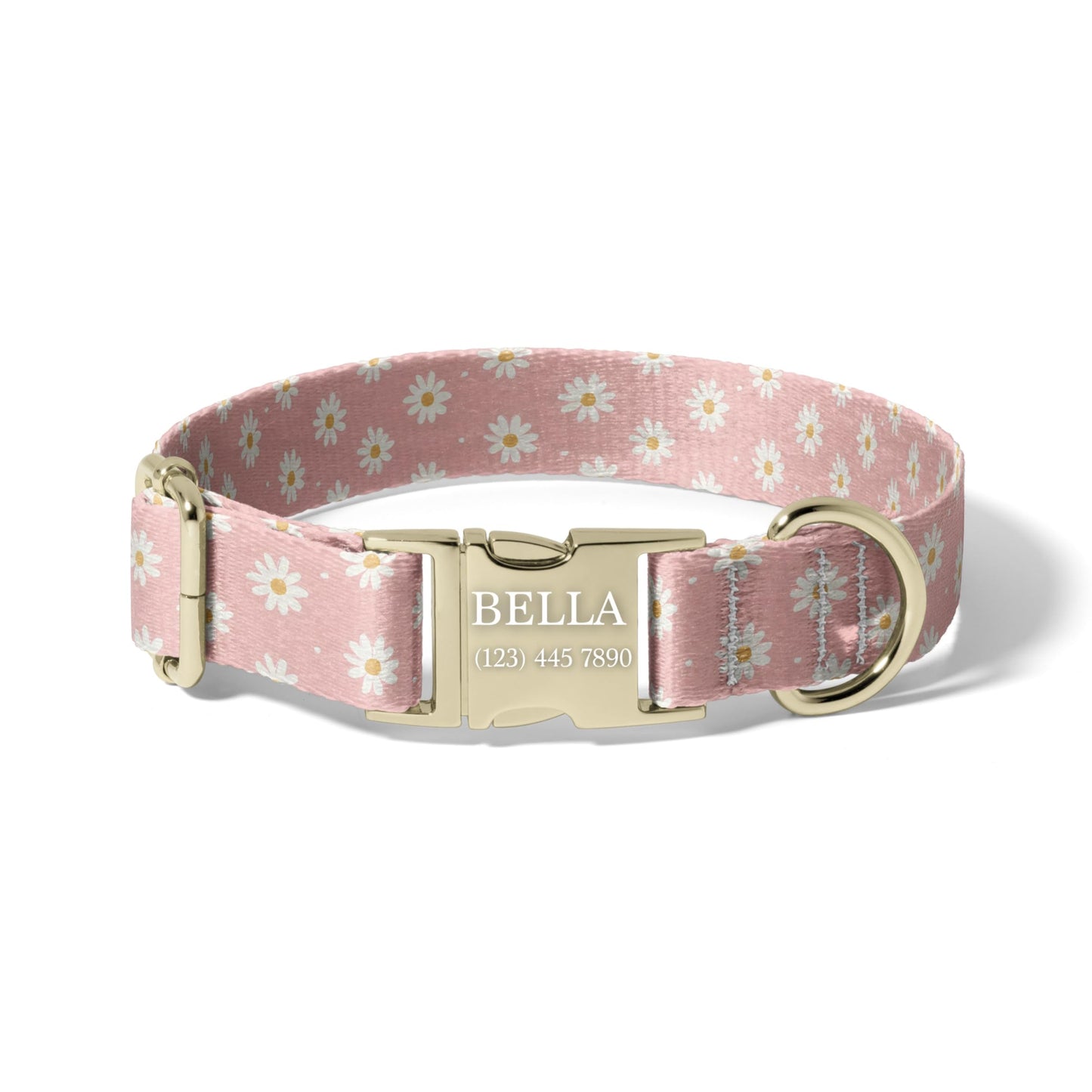 Pink Daisy Dog Collar Personalized Engraved Name Floral Adjustable Pet Collar Cute Girl Design RET-604-01