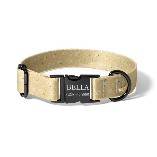 Yellow Daisy Dog Collar Personalized Engraved Name Floral Adjustable Pet Collar Boho Neutral Design Rustic Outdoor Adjustable Pet Collar RET-604-05