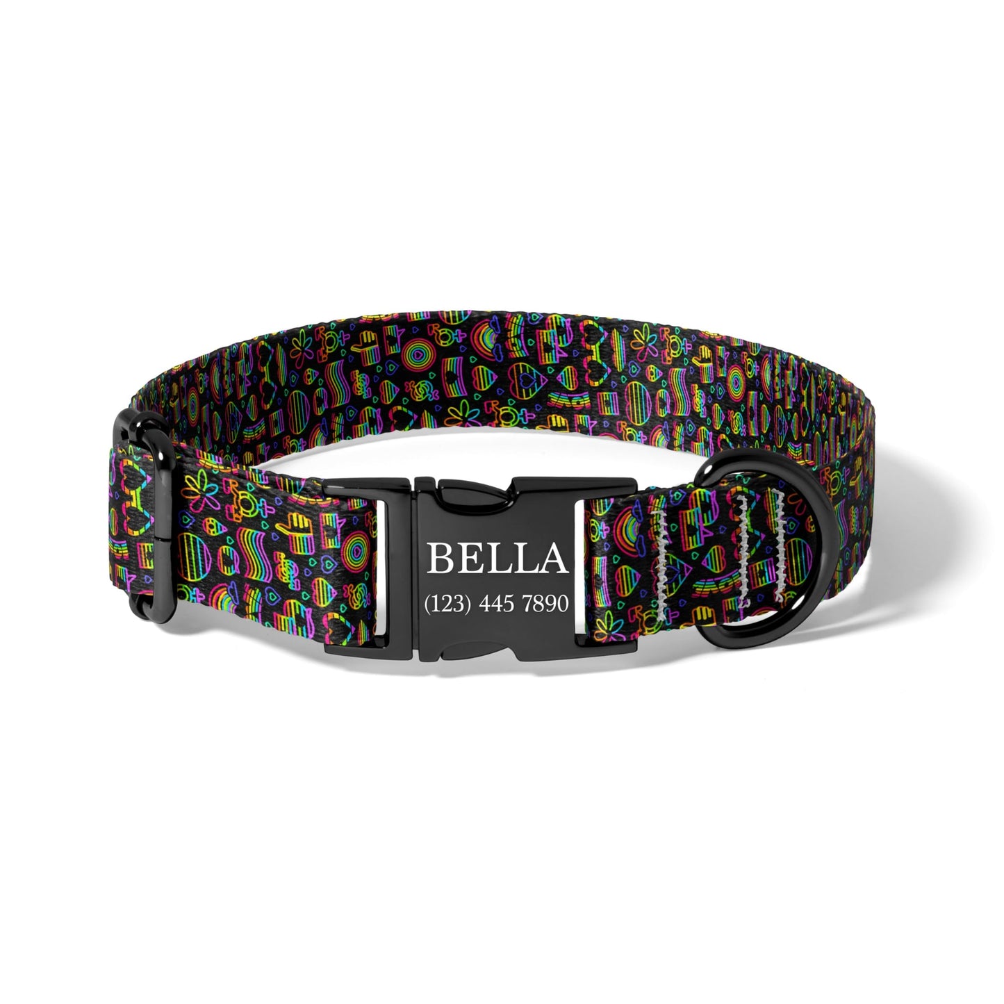Black Rainbow Dog Collar Personalized Engraved Name Neon Pride Adjustable Pet Collar Icon Design RET-605-05
