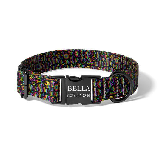 Black Rainbow Dog Collar Personalized Engraved Name Neon Pride Adjustable Pet Collar Icon Design RET-605-05