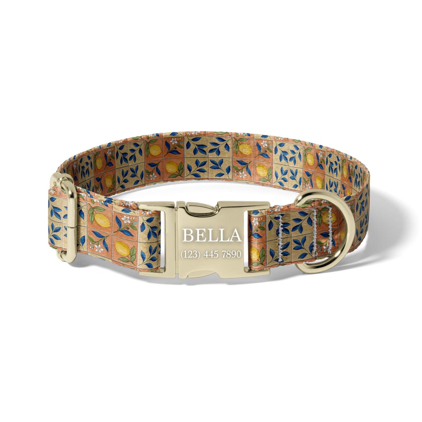 Mediterranean Lemon Tile Personalized Dog Collar, Adjustable Engraved Citrus Collar for Stylish Pets RET-618-04