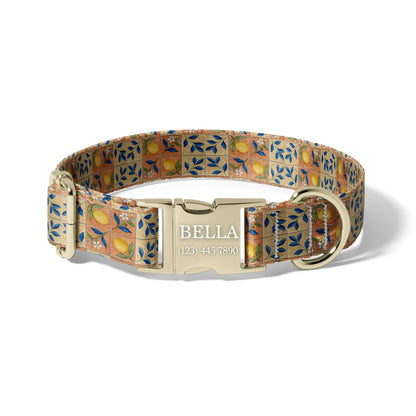 Mediterranean Lemon Tile Personalized Dog Collar, Adjustable Engraved Citrus Collar for Stylish Pets RET-618-04