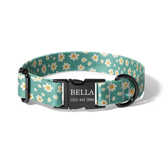 Green Daisy Dog Collar Personalized Engraved Name Floral Adjustable Pet Collar Nature Style Name Snow Forest Adjustable Pet Collar RET-604-04