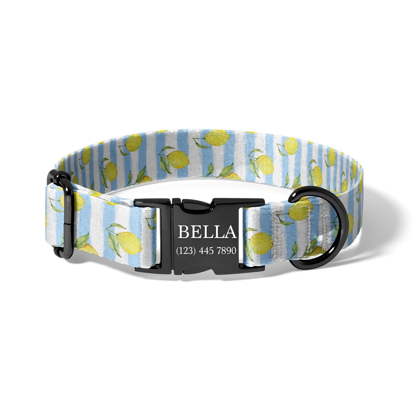 Blue Lemon Stripe Personalized Dog Collar with Laser Engraved Buckle, Coastal Adjustable Pet Collar RET-618-02