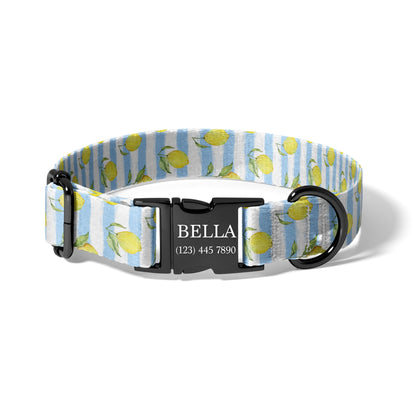 Blue Lemon Stripe Personalized Dog Collar with Laser Engraved Buckle, Coastal Adjustable Pet Collar RET-618-02