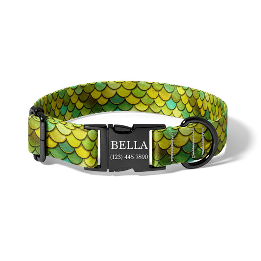 Green Mermaid Scale Personalized Dog Collar, Durable Fantasy Pet Collar with Engraving RET-620-04
