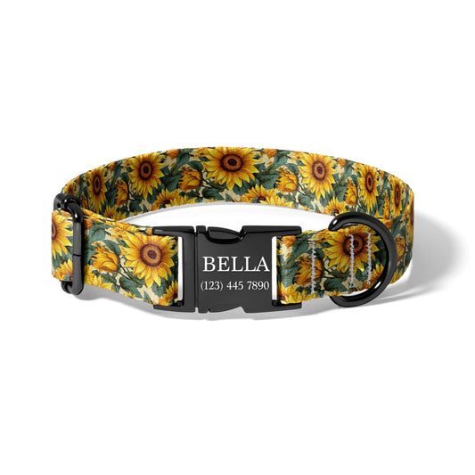 Personalized Sunflower Dog Collar with Name Engraved Buckle Rustic Floral Adjustable Pet Collar for Small Medium Large Dogs RET-601-01