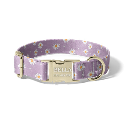 Purple Daisy Dog Collar Personalized Engraved Name Floral Adjustable Pet Collar Lavender Cute Design Green Adjustable Pet Collar for Dogs RET-604-06