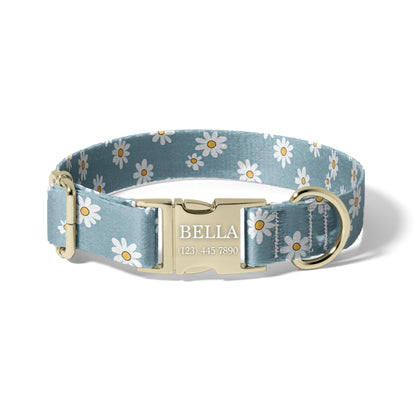 Blue Daisy Dog Collar Personalized Engraved Name Floral Adjustable Pet Collar Spring Style Name Buckle Galaxy Forest Adjustable Pet Collar RET-604-02