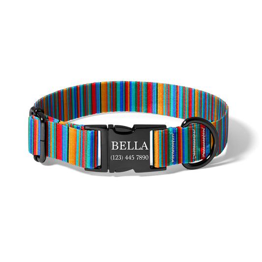 Personalized Rainbow Dog Collar with Name, Bright Serape Stripe Adjustable Pet Collar, Custom Engraved Buckle RET-610-04
